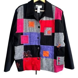 Koret XL Petite Patchwork Jacket Embroidered Button Front Colorblock Artsy Retro